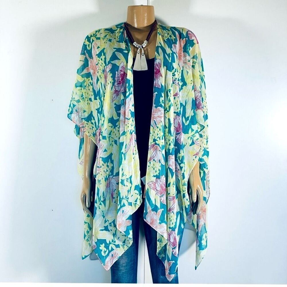 NWT West loop yellow blue pink floral print sheer duster kimono swim cover up